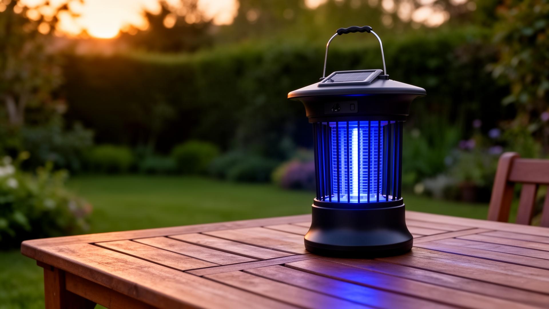 Solar bug zapper glowing on a wooden patio table at dusk